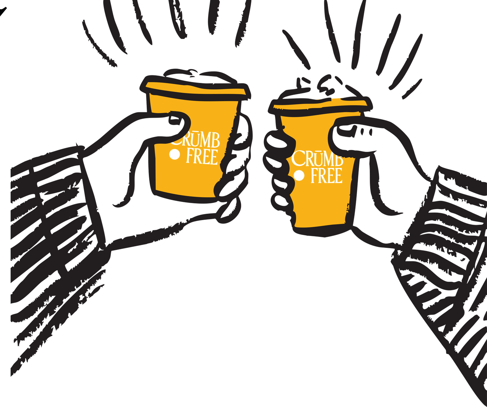 Two friends toasting with Crumb Free coffee cups